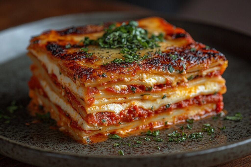 A tall stack of lasagna with eight thin layers, served on a ceramic plate.