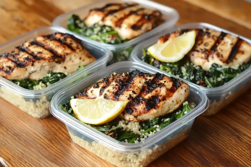 Three Neatly Arranged Meal Prep Containers With Grilled Chicken, Spinach, And Quinoa.