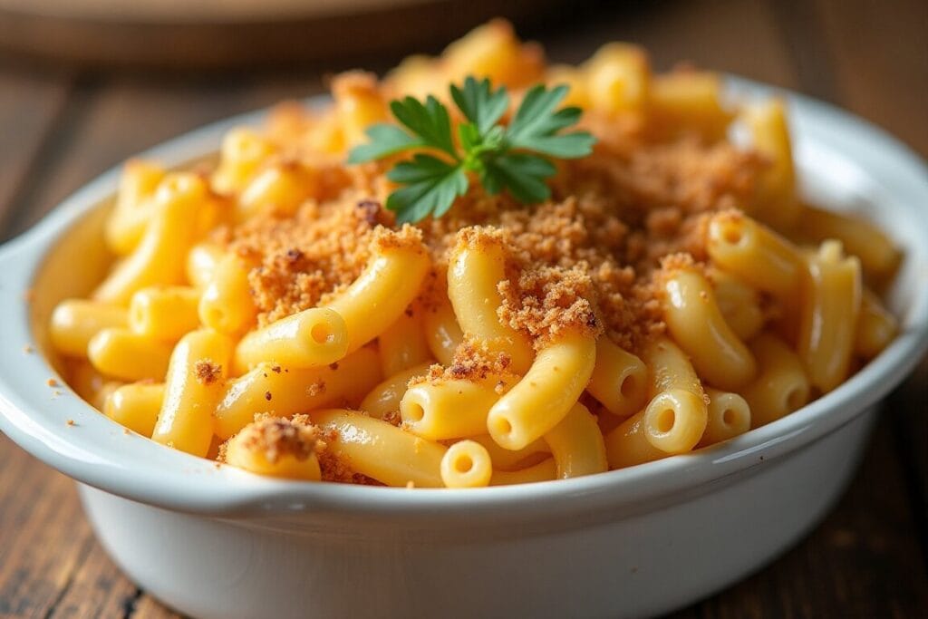 Tini’s mac and cheese served in a white casserole dish with a golden breadcrumb topping.