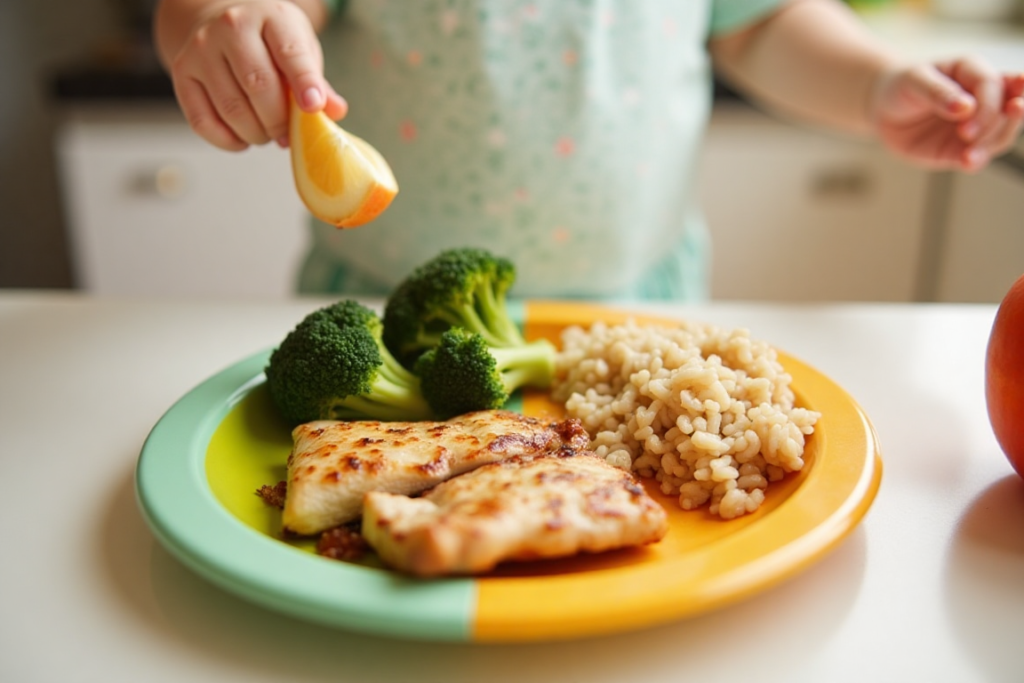 Balanced meal for a toddler showing proteins, grains, and vegetables.