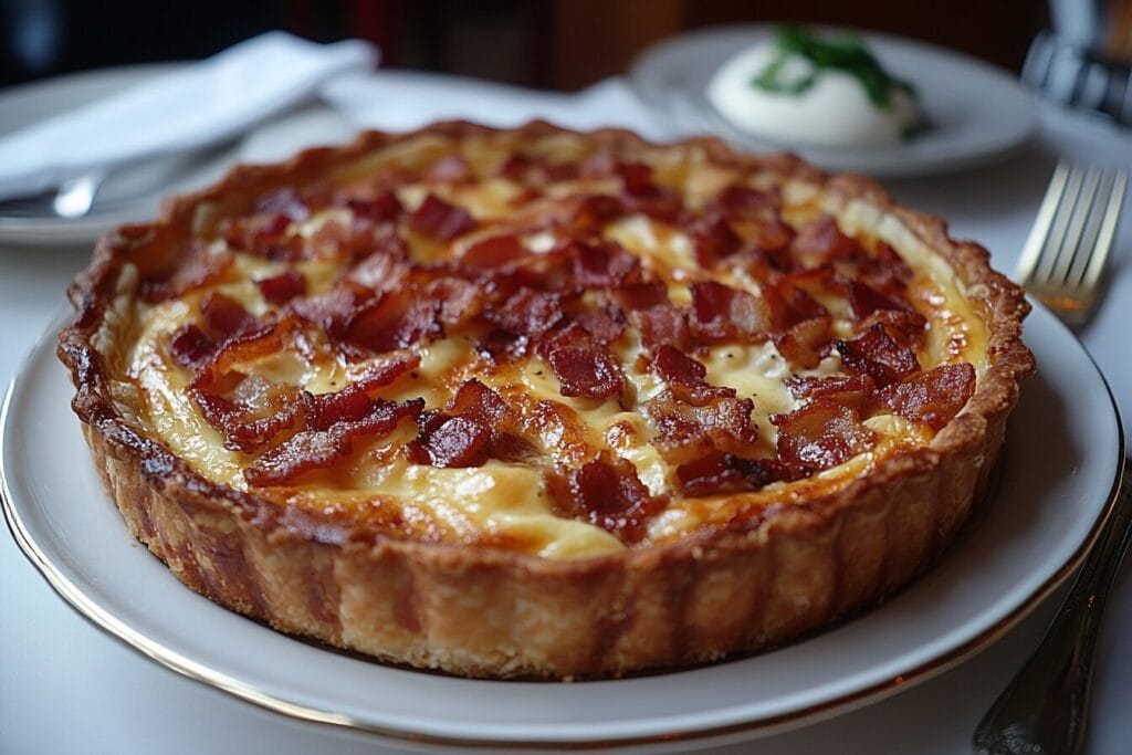 Traditional Quiche Lorraine with crispy bacon.