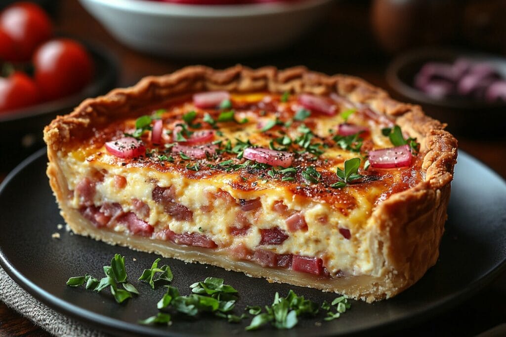 Slice of traditional quiche showing cheese and creamy filling
