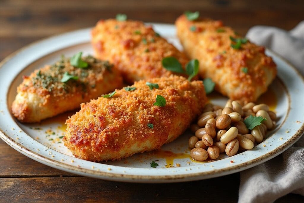 Different variations of parmesan-crusted chicken on a serving platter.
