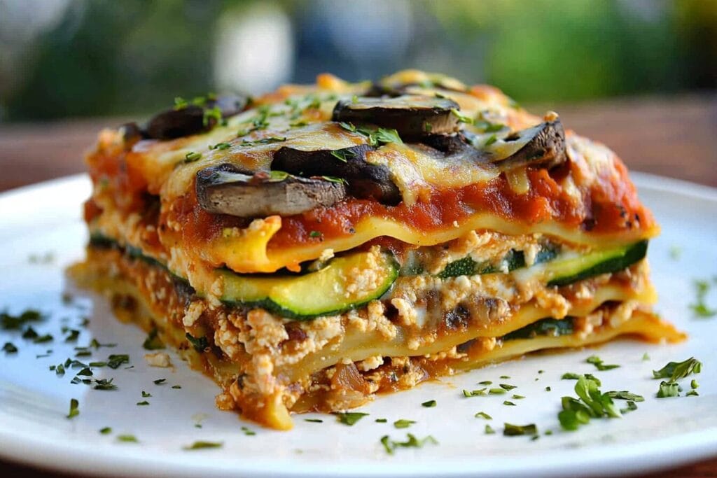 A vegetarian lasagna slice showing distinct layers of pasta, vegetables, and cheese.