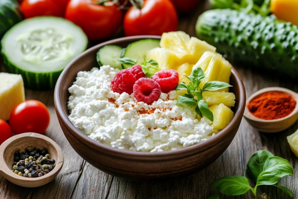 A bowl of plain cottage cheese with fresh fruits and herbs on a wooden table.
