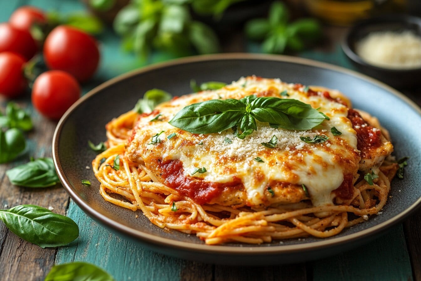 What is the Difference Between Chicken Parmigiana and Parmesan : A delicious plate of Chicken Parmigiana with crispy breaded chicken, mozzarella, marinara sauce, and Parmesan, served with pasta.