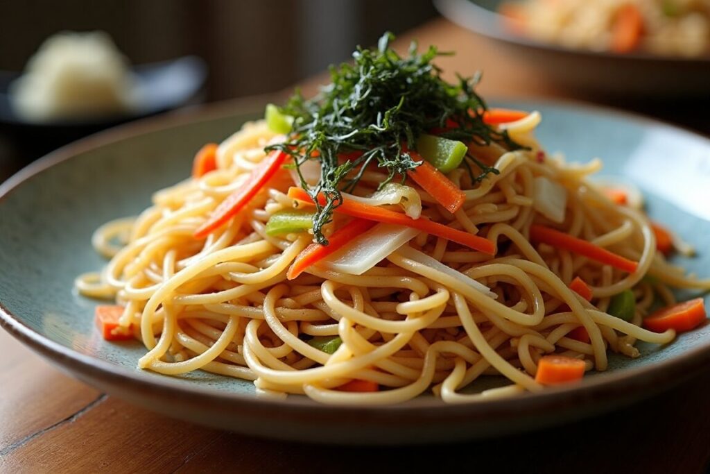 Plate of yakisoba with spaghetti noodles and vegetables