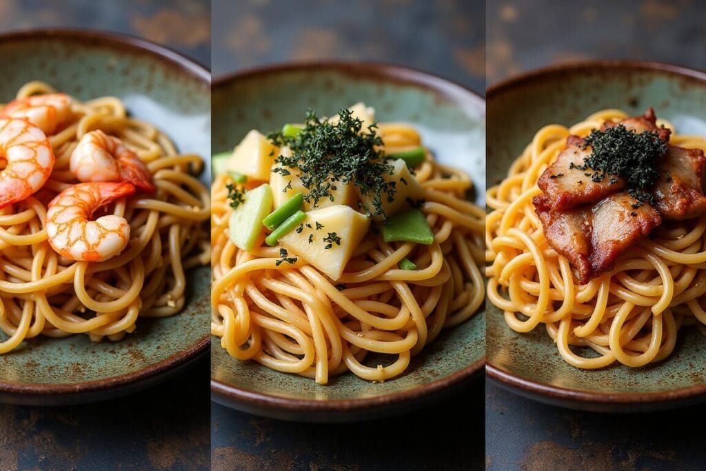 Three plates of yakisoba showing seafood, vegetarian, and traditional styles