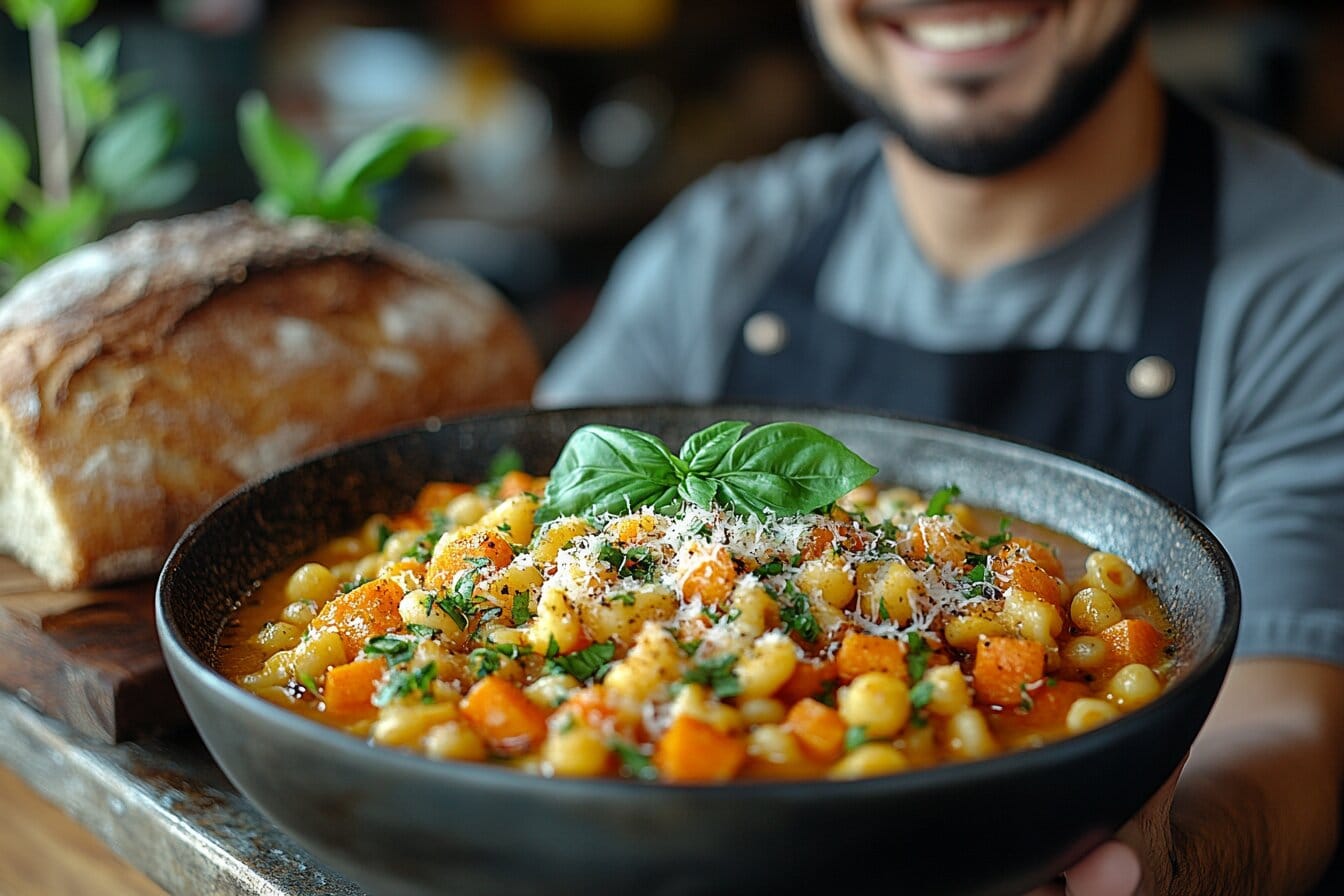 A steaming bowl of ditalini pasta soup with vegetables, fresh basil, and grated Parmesan cheese.