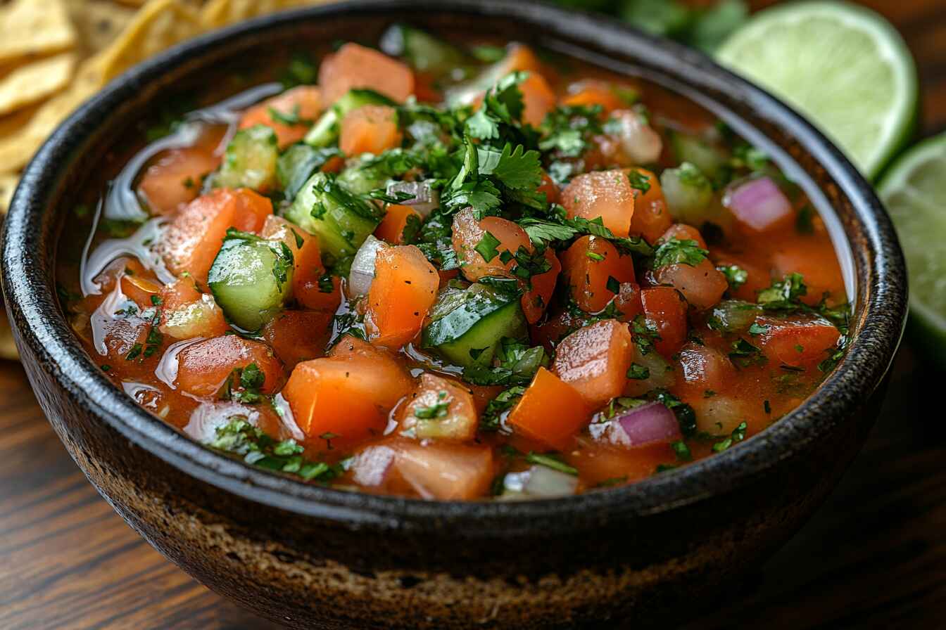 A bowl of homemade Pickle de Gallo made with fresh tomatoes, onions, cilantro, jalapeños, and a tangy brine, served with lime wedges and tortilla chips.