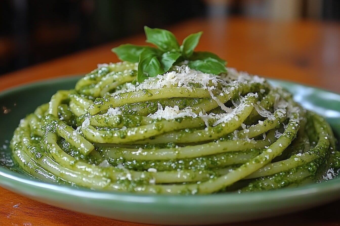 A delicious plate of green spaghetti with pesto sauce, Parmesan cheese, and basil on a wooden table