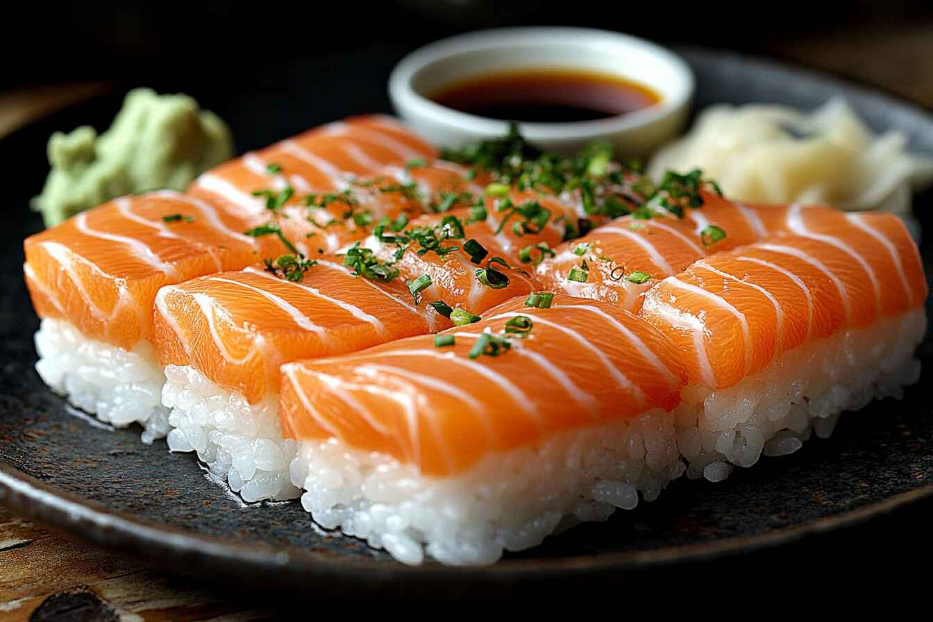 A beautifully plated sushi order topped with salmon, garnished with fresh wasabi and pickled ginger