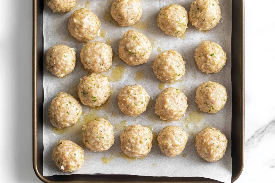 A Baking Sheet Lined With Parchment Paper, Filled With Freshly Rolled, Uncooked Meatballs Seasoned With Herbs And Spices, Ready To Be Baked For A Creamy Alfredo Sauce Dish