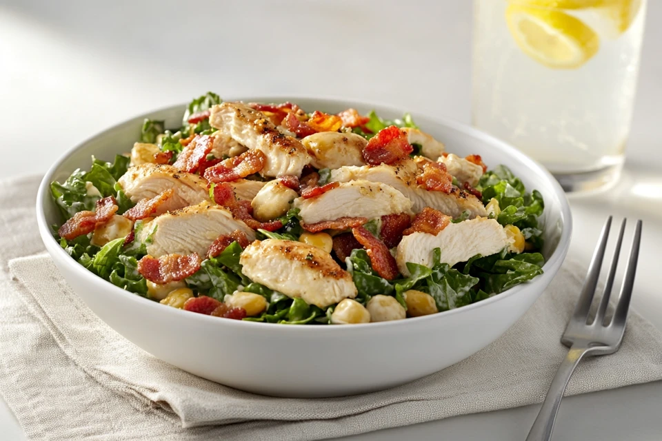 A Beautifully Plated Chicken Bacon Ranch Salad With Crispy Bacon, Juicy Chicken, And Fresh Toppings, Served With A Fork And A Napkin