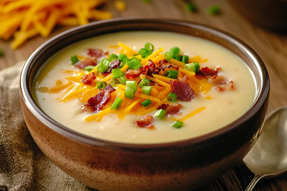 A Bowl Of Creamy 4 Ingredient Potato Soup Topped With Cheese, Bacon, And Green Onions, Served On A Rustic Wooden Table.