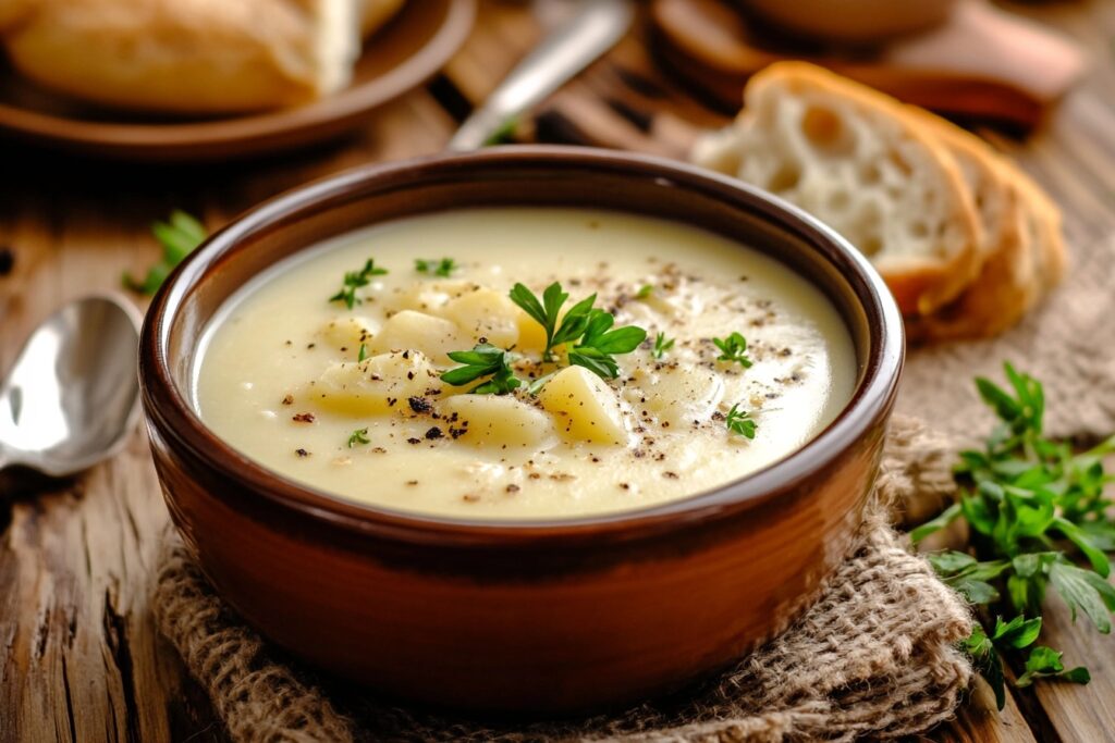 A Bowl Of Creamy Potato Soup With A Side Of Crusty Bread On A Rustic Wooden Table, Set In A Cozy Kitchen Ambiance.