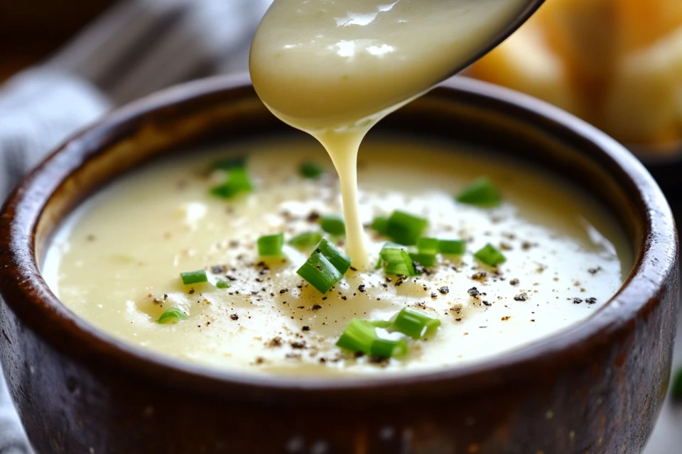 A Ladle Pouring Creamy Potato Soup Into A Rustic Ceramic Bowl, Garnished With Green Onions And Cheese.