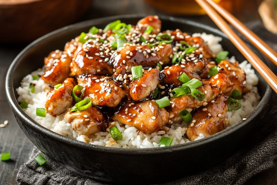A Serving Of Crispy Air Fryer Teriyaki Chicken Over Rice, Garnished With Sesame Seeds And Green Onions, On A Rustic Plate.