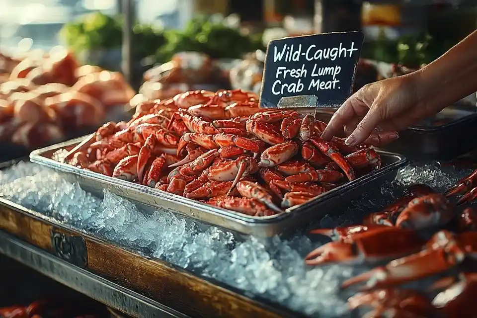 A shopper selecting fresh lump crab meat at a seafood market with a display of ice and price tags.