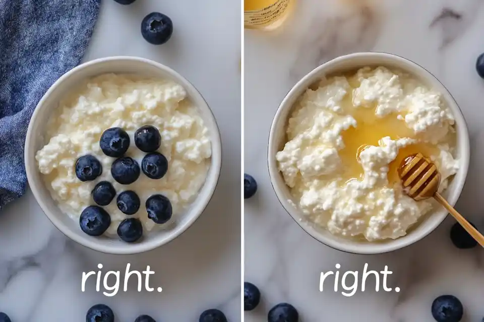 A Side By Side Comparison Of Dry Vs. Creamy Cottage Cheese In A Blueberry Cottage Cheese Breakfast.