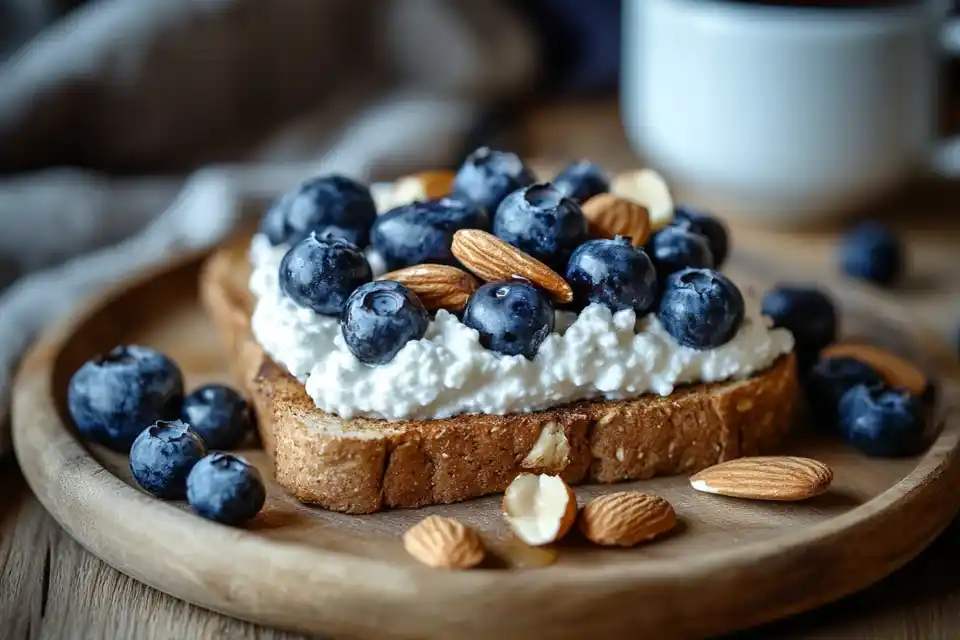 A Slice Of Whole Grain Toast Topped With Cottage Cheese, Fresh Blueberries, And Honey