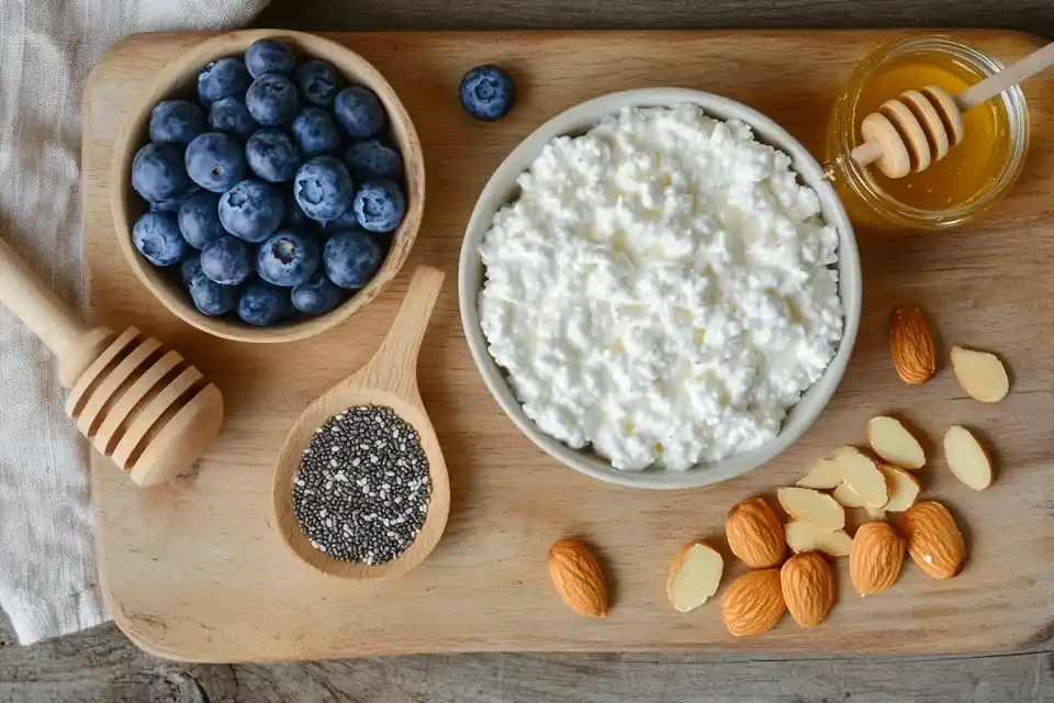 A Top Down View Of Fresh Ingredients For A Blueberry Cottage Cheese Breakfast, Including Cottage Cheese, Blueberries, Honey, And Almonds