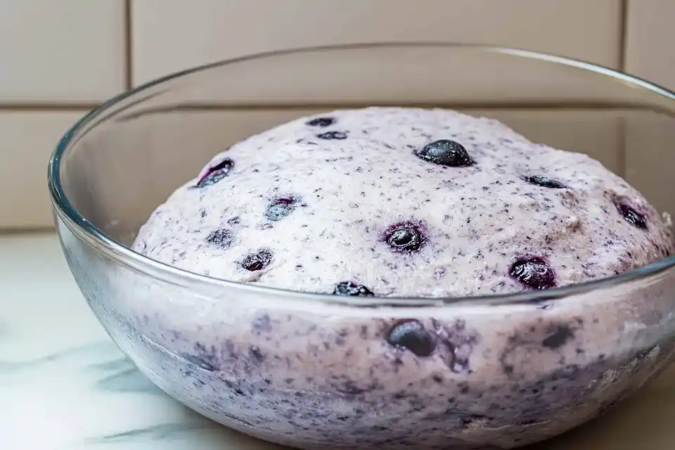 A bowl of blueberry bagel dough, rising with visible blueberries mixed in, creating a light purple texture.