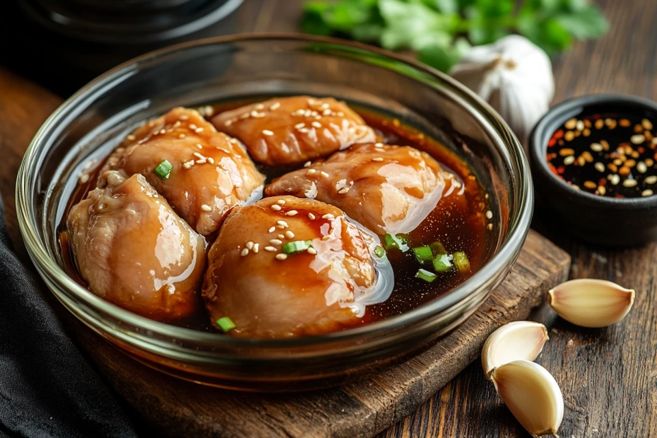 Chicken Pieces Soaking In A Homemade Teriyaki Marinade With Garlic And Ginger On A Rustic Wooden Surface.