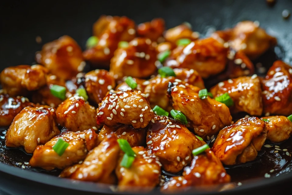 Crispy Air Fryer Chicken Tossed In Thick, Glossy Teriyaki Sauce In A Wok, With Steam Rising.
