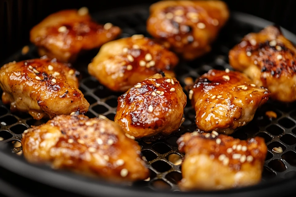 Crispy Air Fryer Teriyaki Chicken Pieces In A Basket, Slightly Charred With Caramelized Sauce.