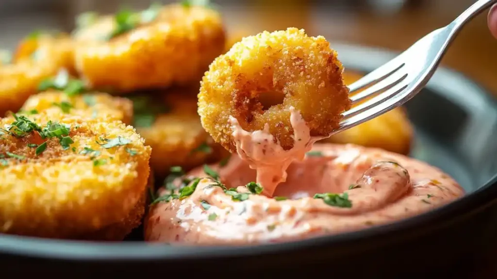 A plate of crispy fried shrimp served with a side of Salsa Rosada for dipping