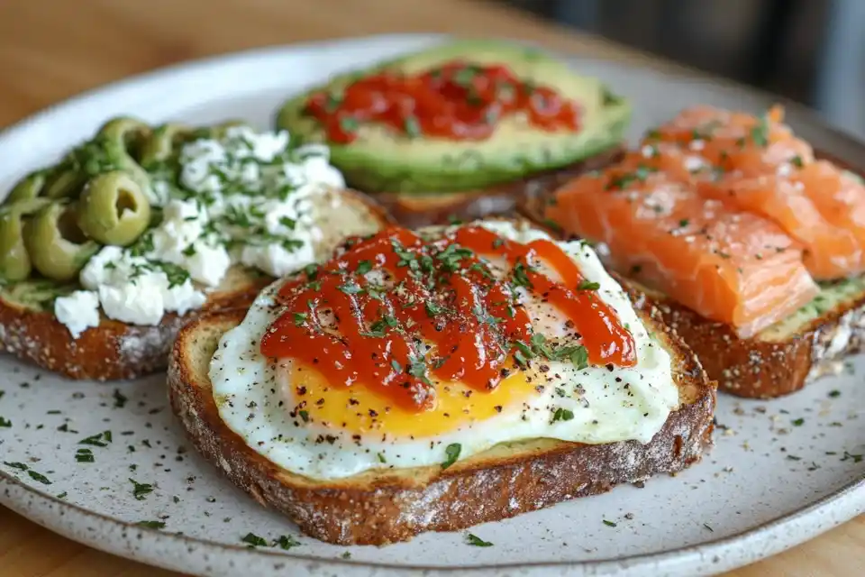 Three variations of avocado-egg toast: one with feta and olives, one with smoked salmon, and one with sriracha, displayed on a plate.