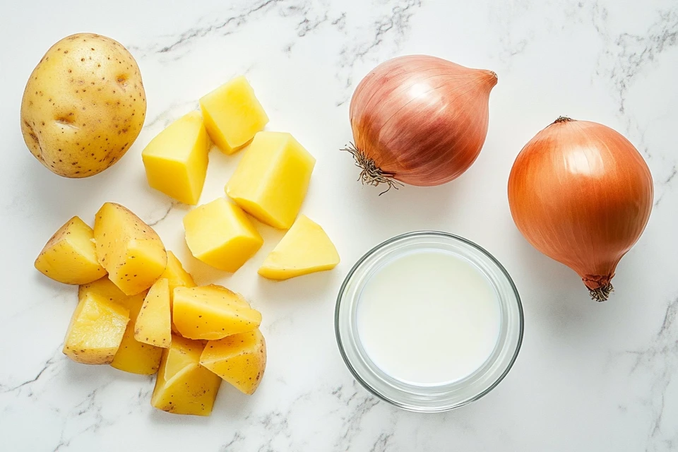 Flat Lay Of Potatoes, An Onion, A Glass Of Milk, And A Bowl Of Broth On A White Countertop, Ready For Making Creamy Potato Soup.