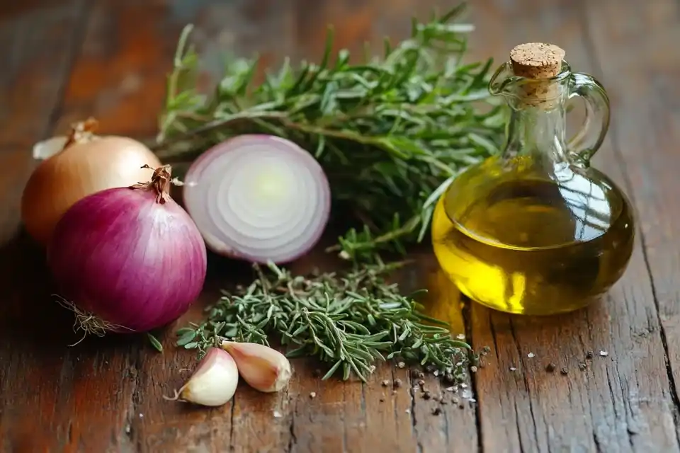 A realistic, vibrant image of fresh beef roast, garlic, onions, thyme, rosemary, and olive oil arranged neatly on a wooden table.