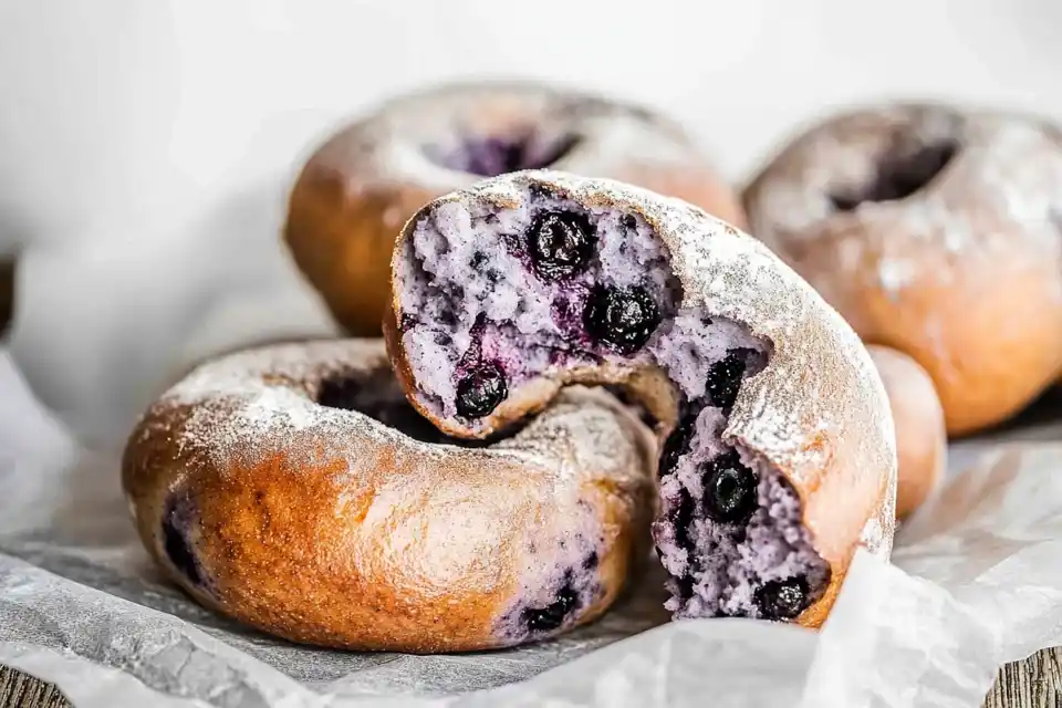 Golden-brown blueberry bagels with a light dusting of flour, showcasing a soft and fluffy interior with juicy blueberries.