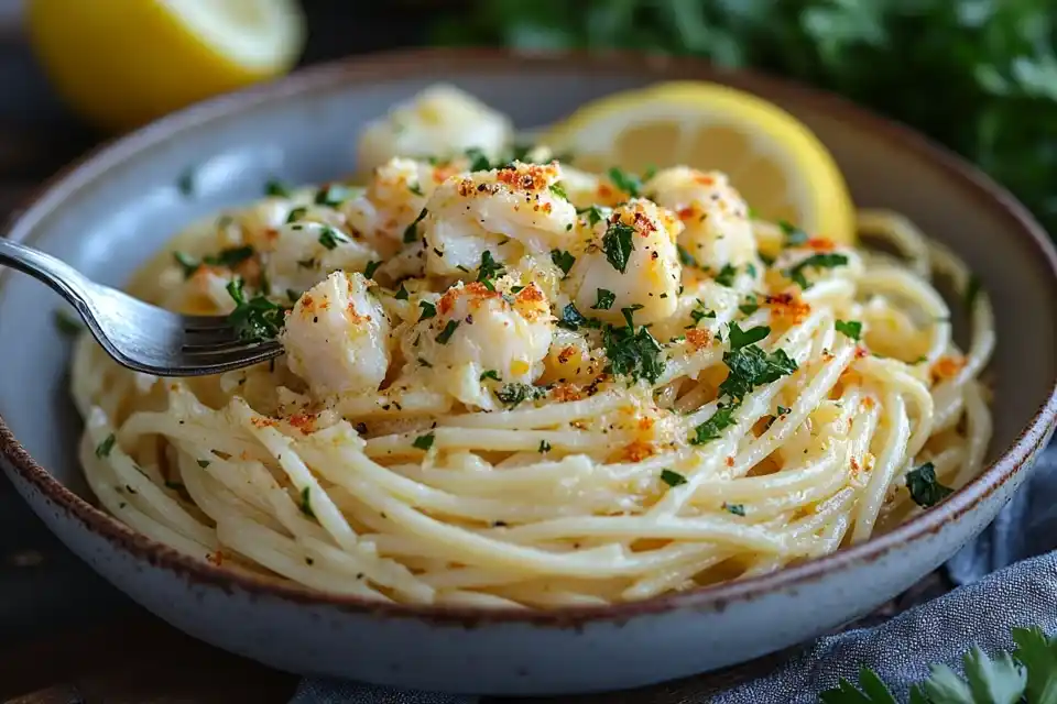 A plate of spaghetti with lump crab meat in a garlic butter sauce, garnished with parsley.