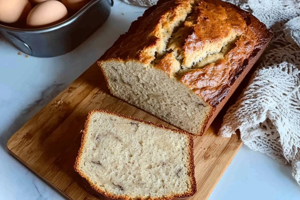 Golden Brown 3 Ingredient Banana Bread On A Wooden Cutting Board, With Ripe Bananas And Eggs In The Background