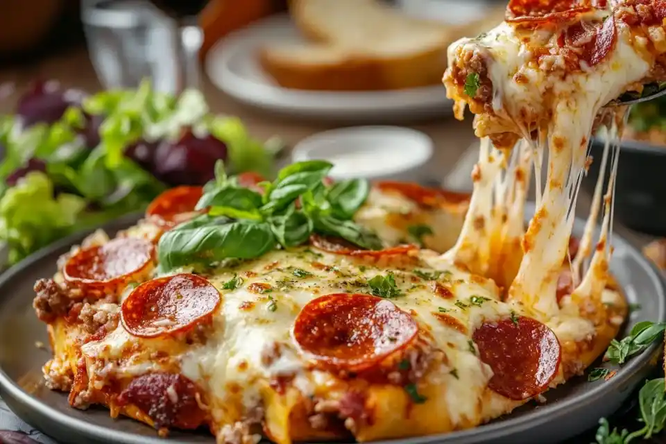 A plated serving of Meat Lovers Pizza Casserole, topped with fresh basil, alongside garlic bread and a side salad.