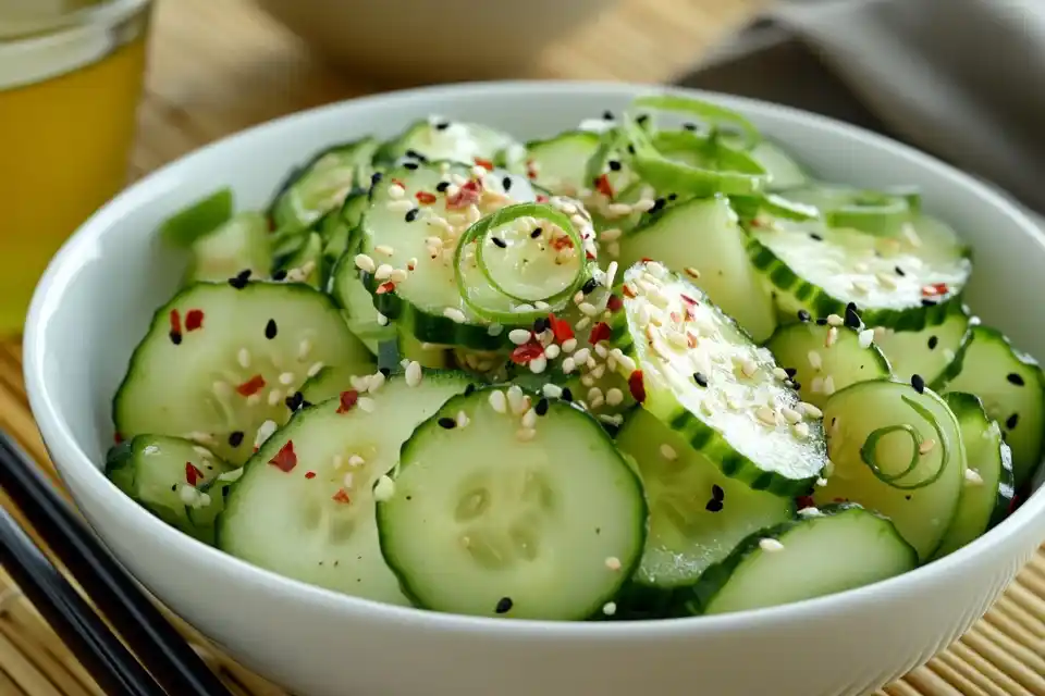 A beautifully plated Din Tai Fung cucumber salad with sesame seeds and chili flakes, served with chopsticks on a bamboo mat.