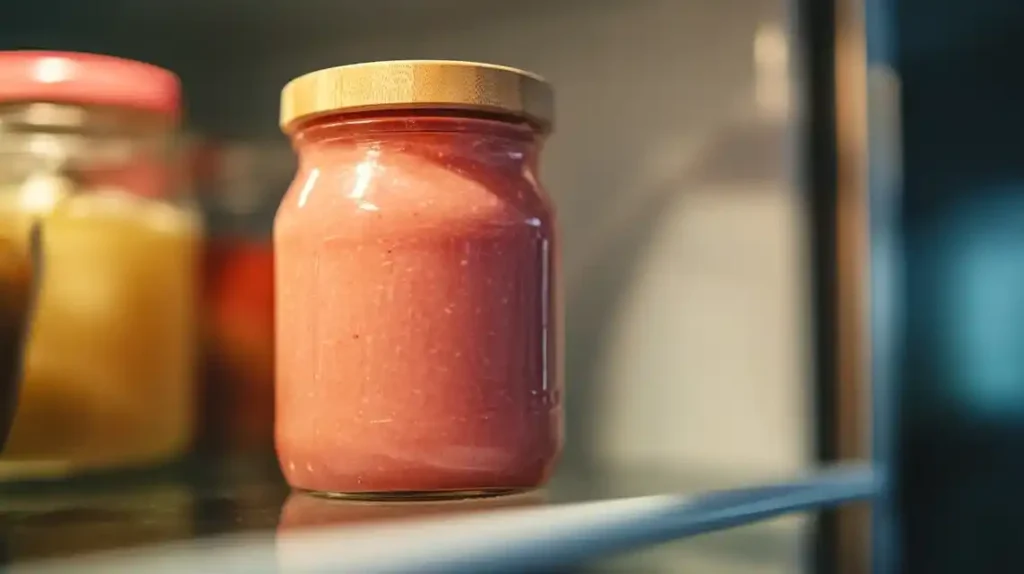 A glass jar filled with homemade Salsa Rosada, sealed and stored in the fridge.