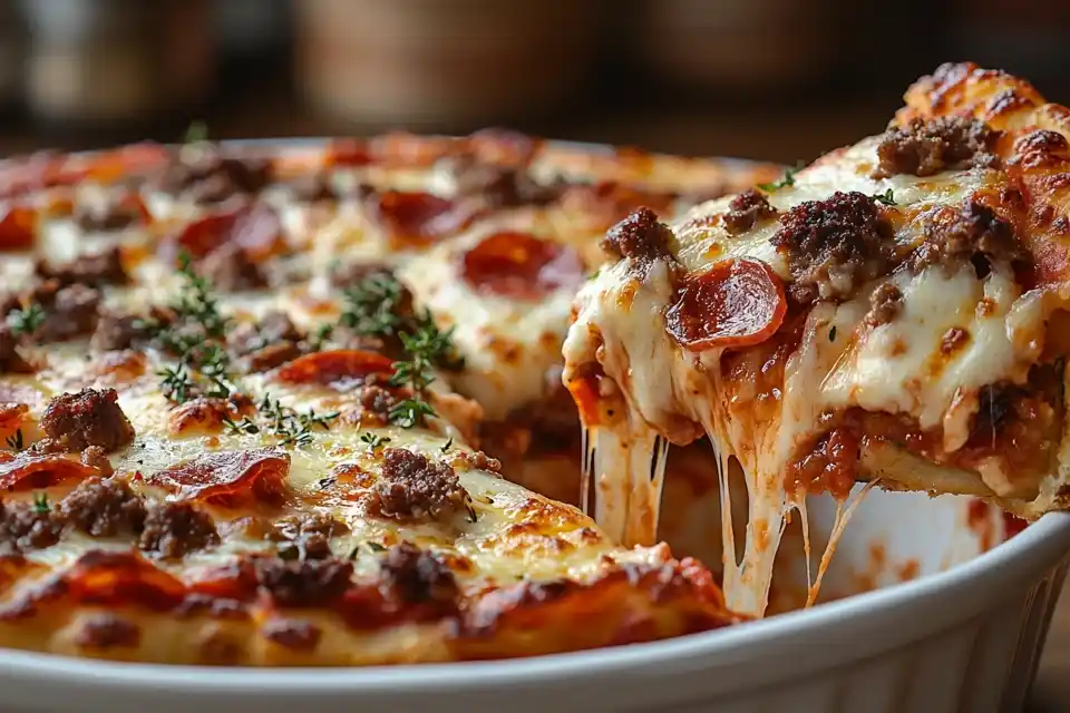 Meat Lovers Pizza Casserole, Topped With Fresh Basil, Alongside Garlic Bread And A Side Salad.