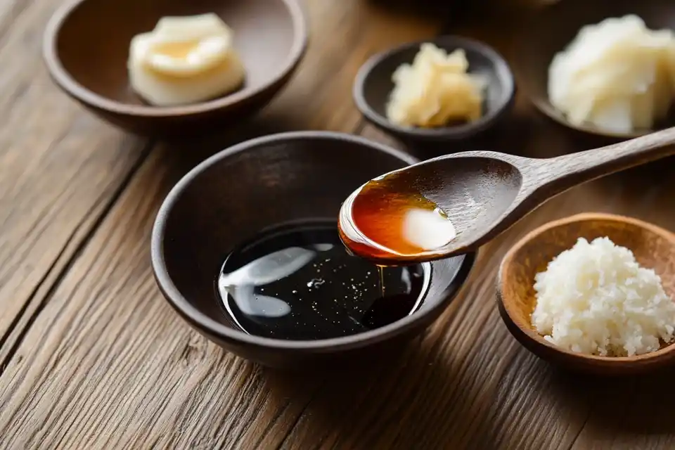 A bowl of soy sauce, rice vinegar, sesame oil, sugar, and chili oil being stirred together with fresh garlic.