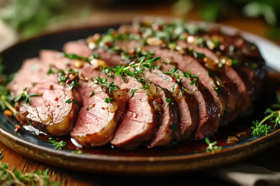 A realistic image of thinly sliced French roast served on a rustic plate, garnished with fresh herbs and drizzled with pan juices.