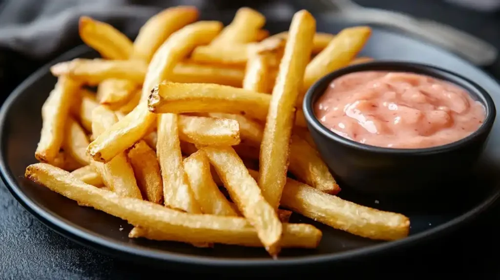 A plate of golden, crispy French fries with a side of creamy Salsa Rosada in a dipping bowl