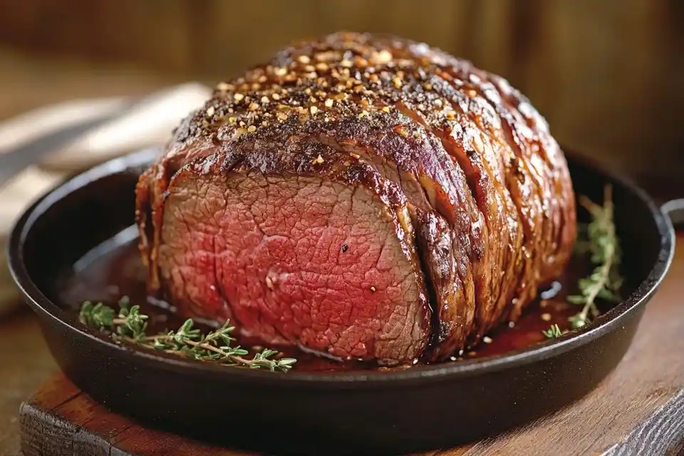 A realistic image capturing the searing process of a French roast in a hot, sizzling skillet with aromatic herbs around it.