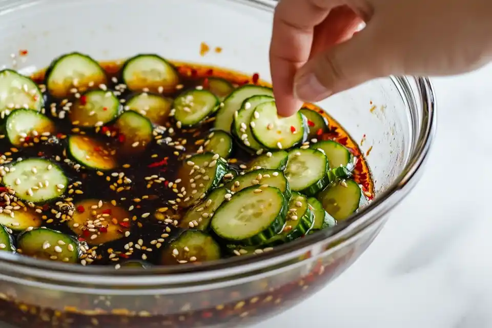 Cucumber slices being tossed in a glass bowl with soy sauce, sesame oil, garlic, and chili flakes for marination
