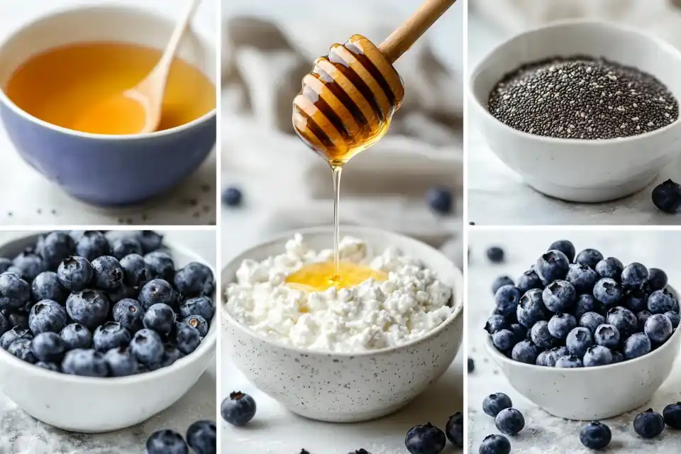 Step By Step Images Showing How To Prepare A Blueberry Cottage Cheese Breakfast With Fresh Ingredients.