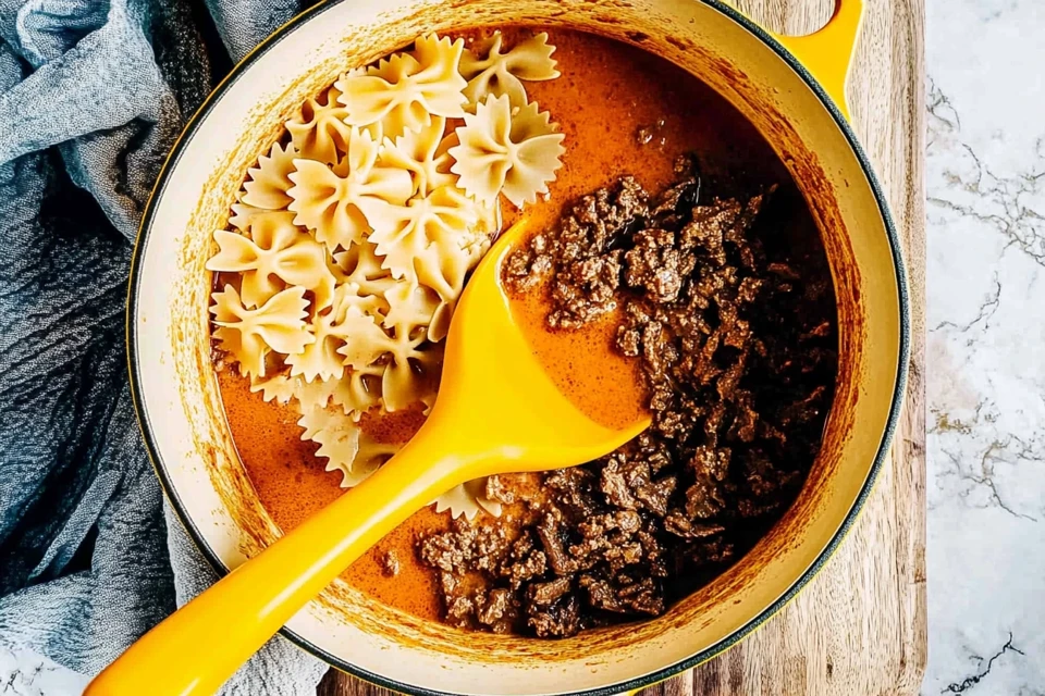 A Dutch Oven Filled With Creamy Beef And Bowtie Pasta In A Golden Sauce, With A Red Spatula Resting Inside, Set On A Wooden Cutting Board With A Marble Countertop Background.