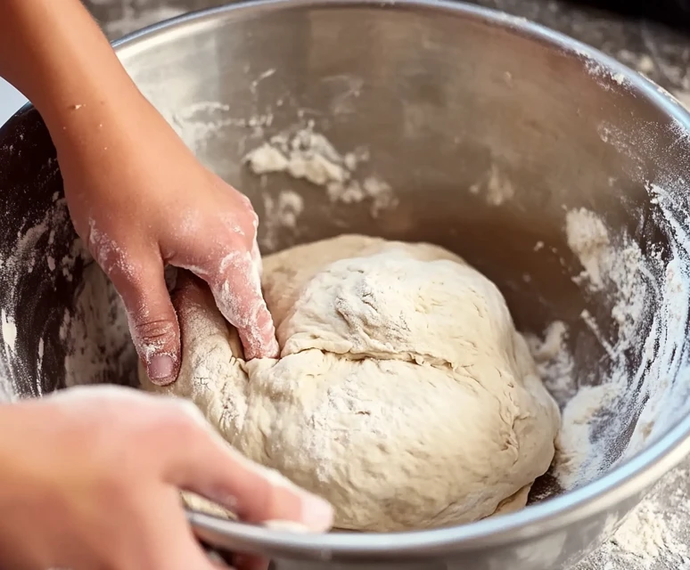 A Close Up Of Hands Kneading Soft, Stretchy Sourdough Dough In A Metal Mixing Bowl, With A Floured Surface In The Background.