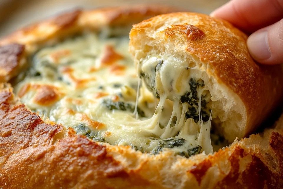 A Hand Dipping A Piece Of Torn Sourdough Bread Into A Bread Bowl Filled With Gooey, Cheesy Spinach Artichoke Dip.